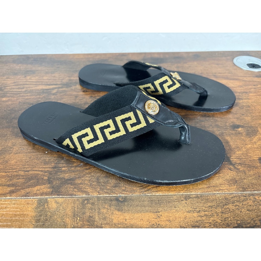 Versace Greca Thong Sandals Black Gold Medusa Head Flip Flops Size 42 Made Italy